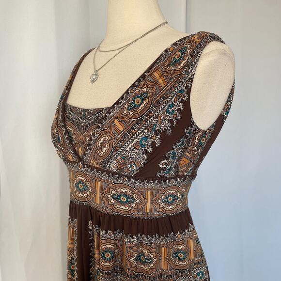 Sleeveless Dress Size 6 Brown Tan Brocade Paisley Stretch Empire Waist Boho Y2K - Picture 7 of 16